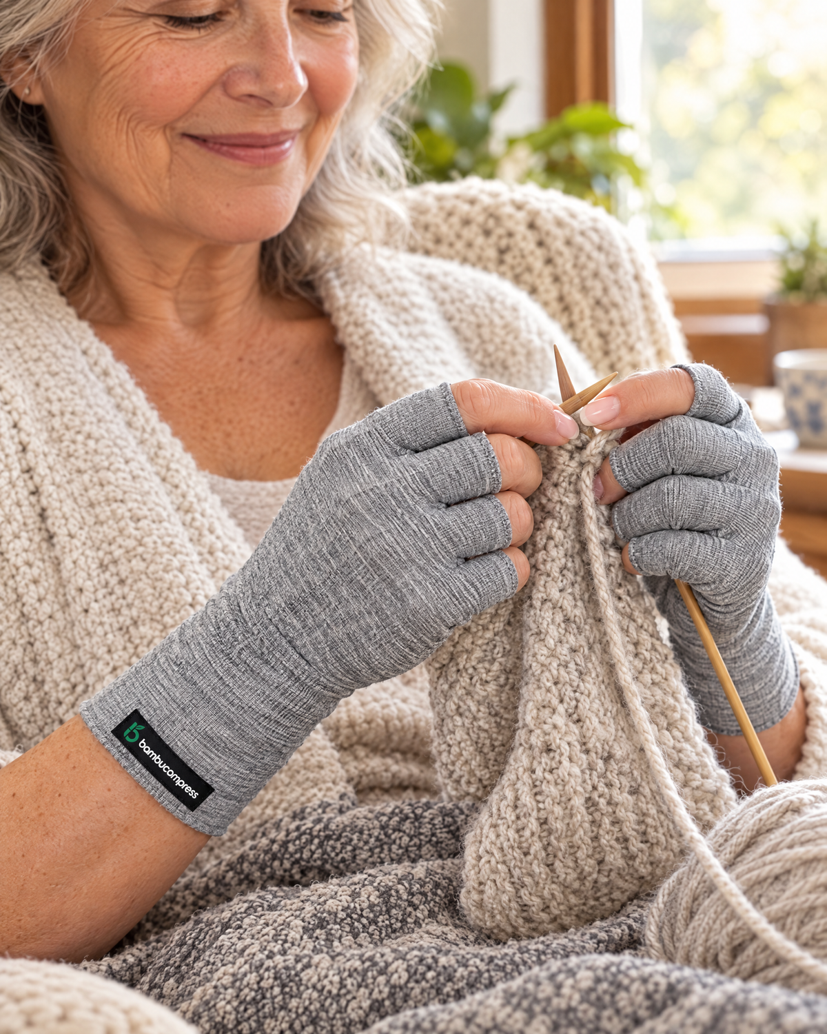 Person wearing grey open-finger bamboo compression gloves for arthritis