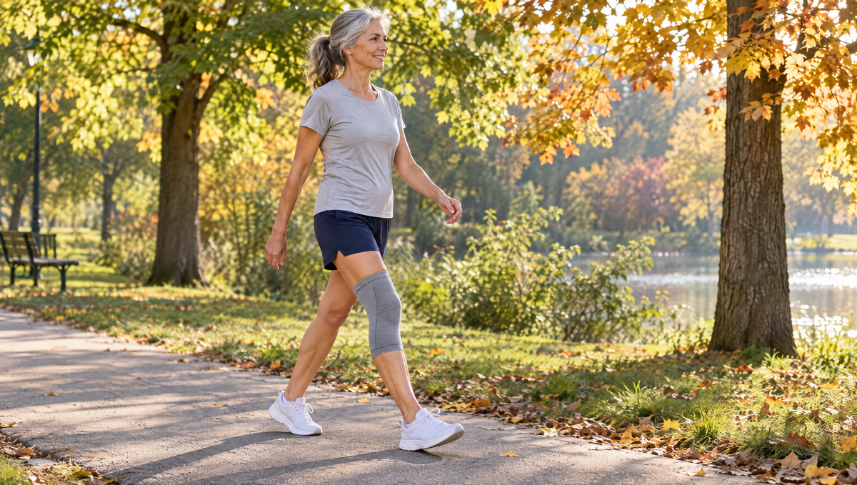 Woman walking on a park path wearing a grey knee compression sleeve