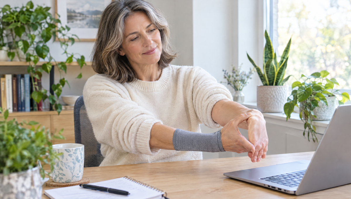 Woman doing a carpal tunnel wrist stretch at her desk while wearing a grey wrist compression sleeve