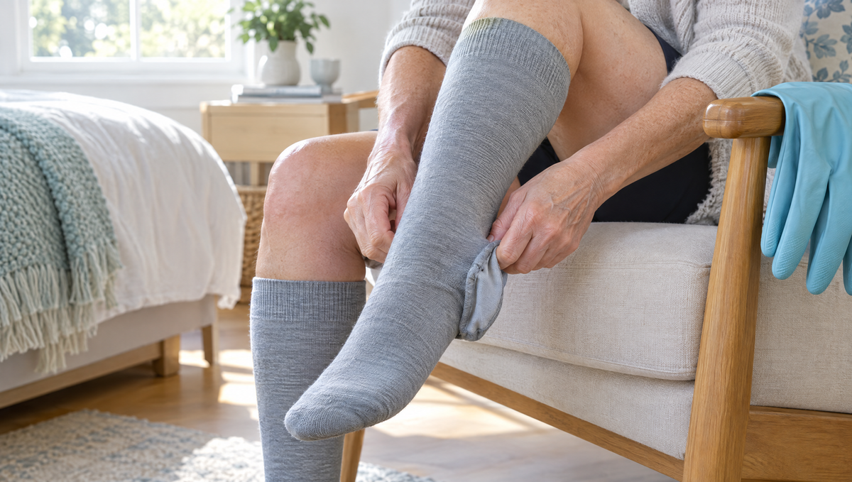 Older woman putting on a grey knee-high compression sock using the inside-out method