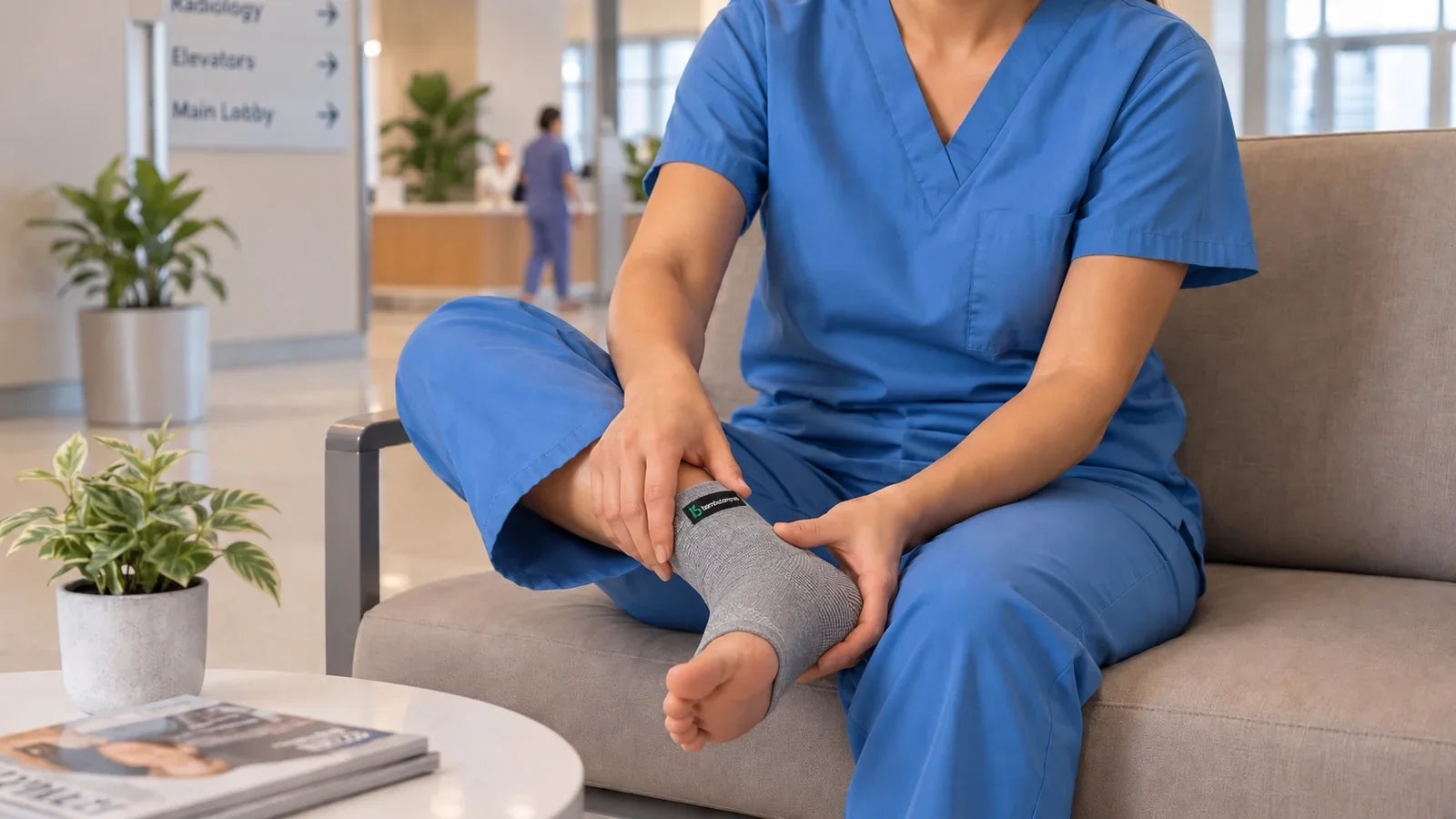 Nurse resting after a long shift wearing the FLEX+ sleeve