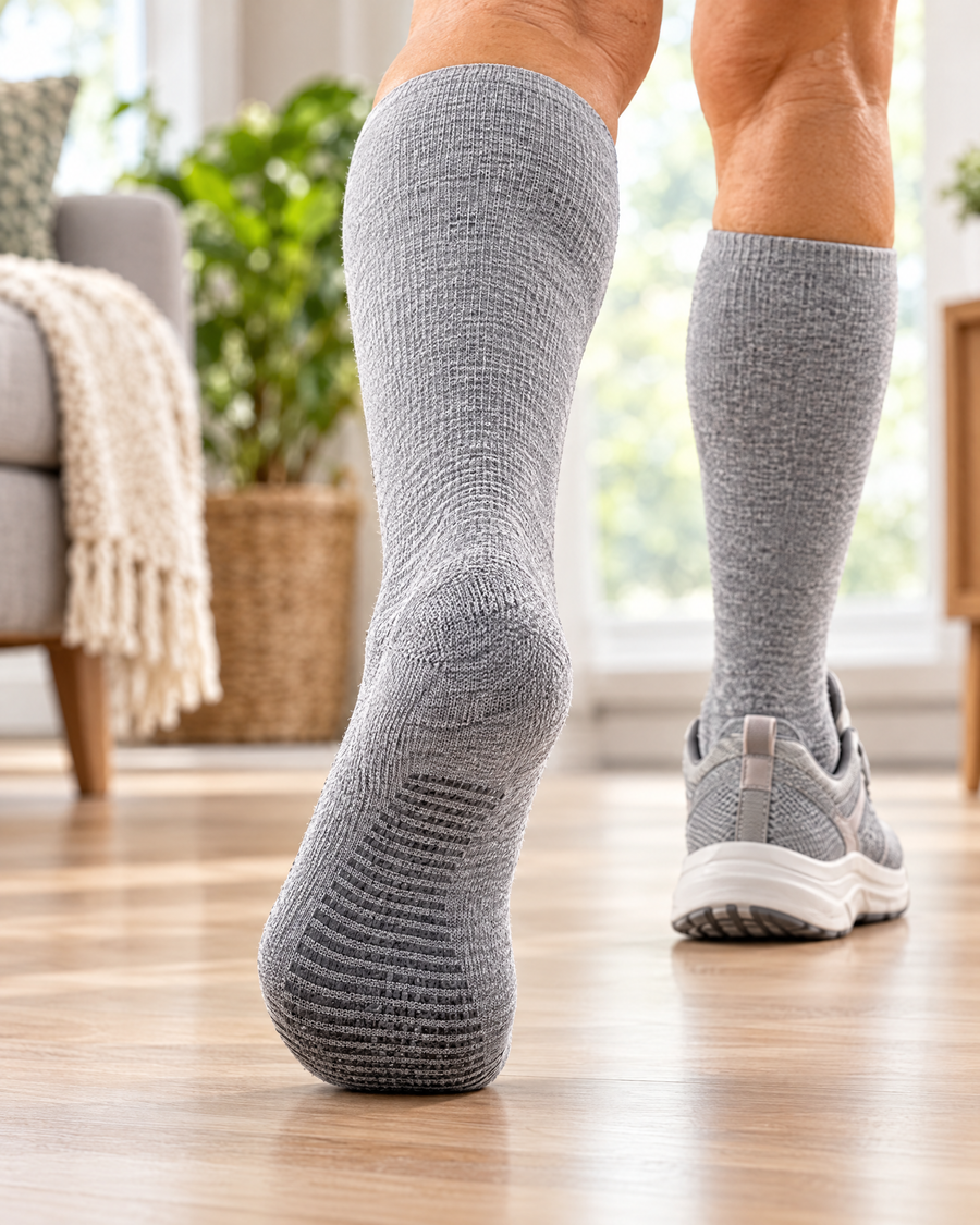 Non-slip grip sole of a bamboo compression sock on a wood floor