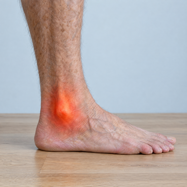 Ankle with the painful area highlighted in red