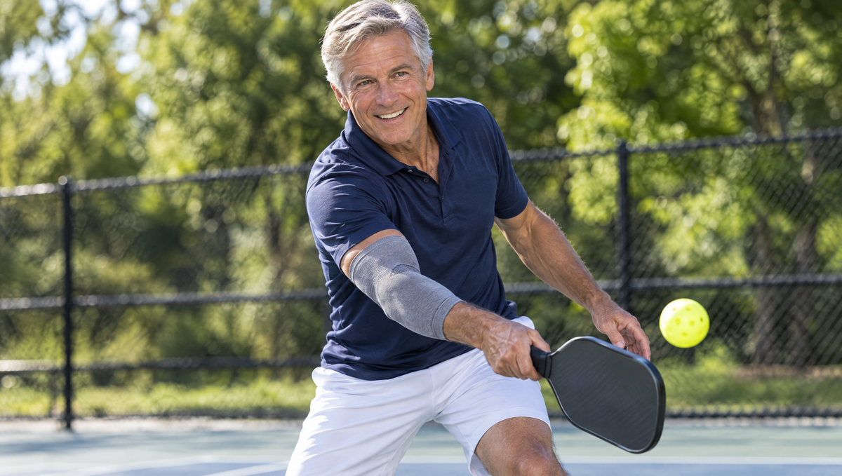 Man playing pickleball wearing a grey elbow compression sleeve for tennis elbow