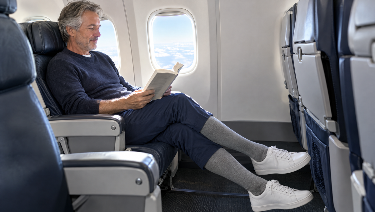 Man relaxing on a flight wearing grey compression socks for travel