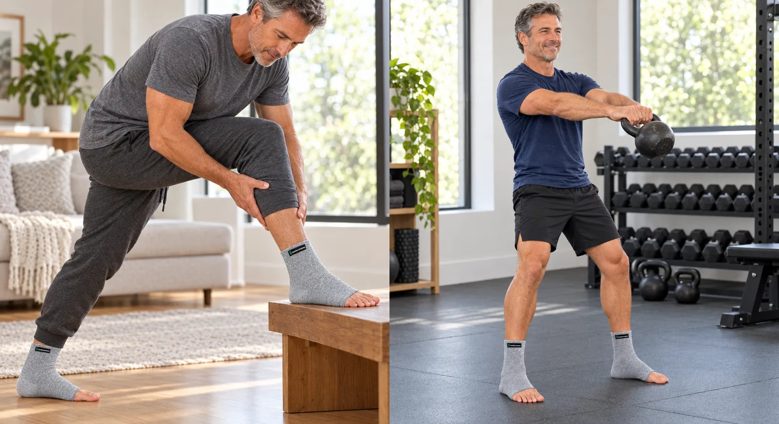 Stretching at home and training at the gym wearing the FLEX+ sleeve