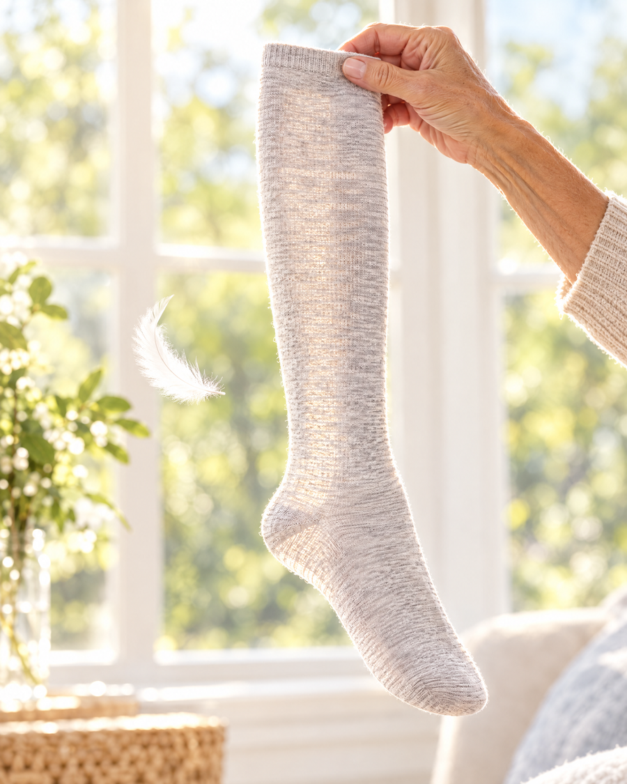 Sunlight shining through thin, breathable bamboo compression sock