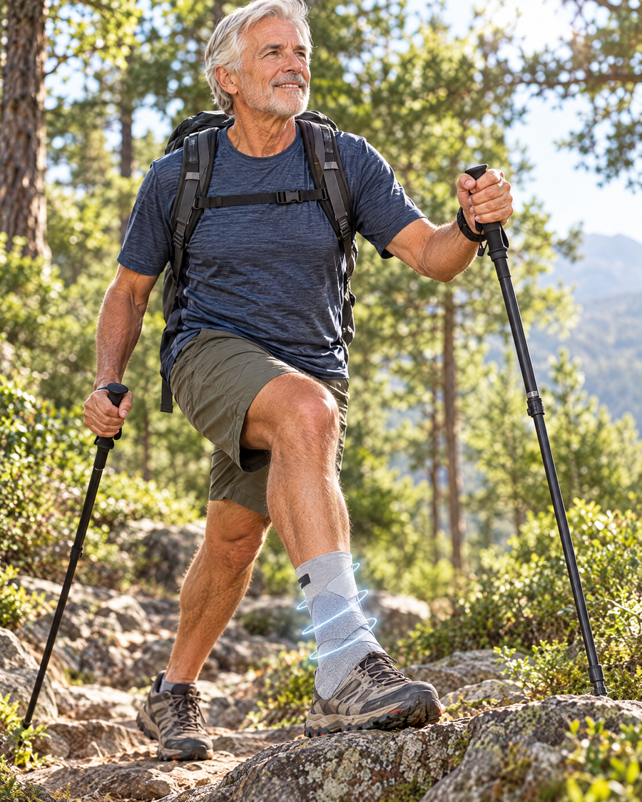 Man hiking a rocky trail with a supportive bamboo ankle sleeve