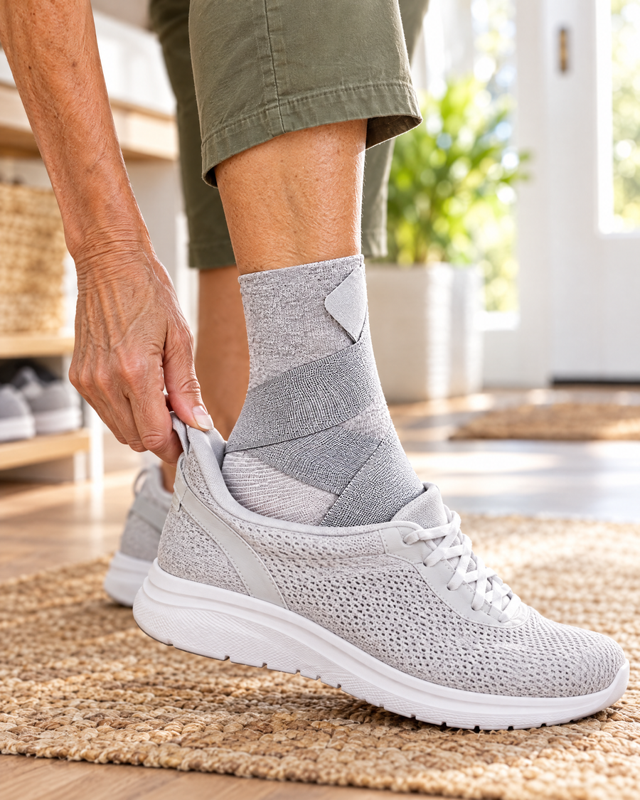 Slim bamboo ankle sleeve sliding into an everyday sneaker