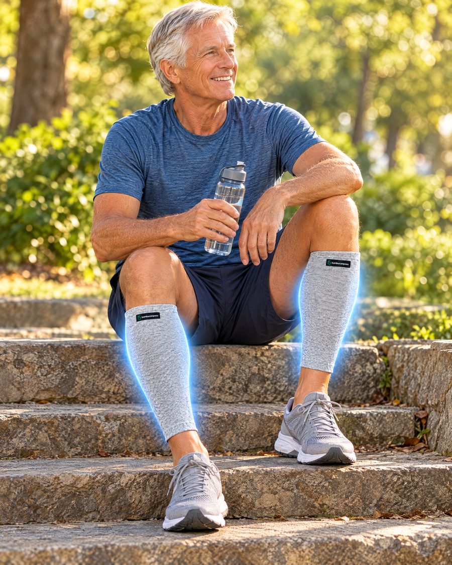Man resting after a walk in bamboo calf compression sleeves