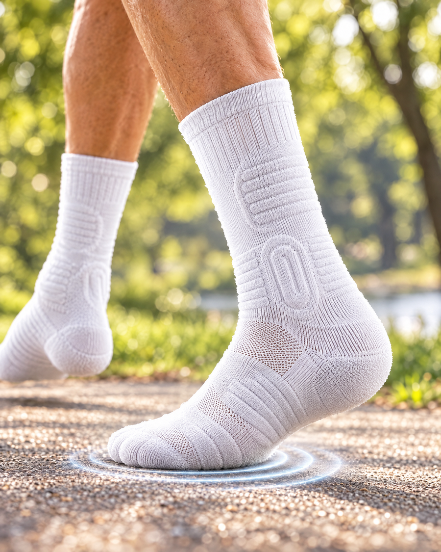 Cushioned sole of a crew compression sock absorbing each step