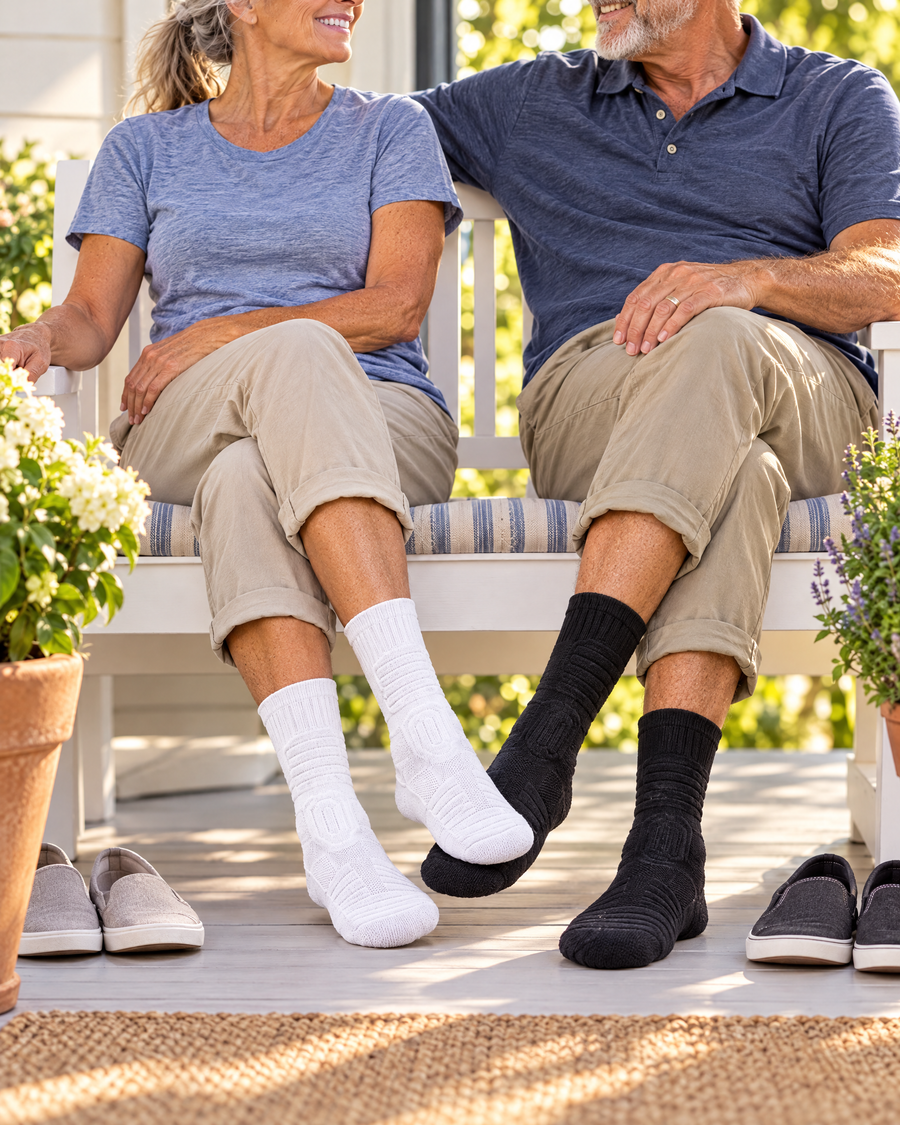 Couple wearing white and black crew-height compression socks on a porch