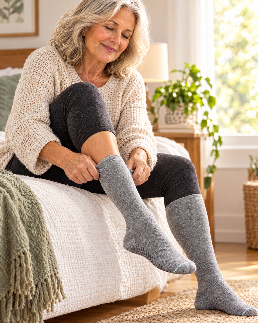 Woman easily sliding a soft bamboo compression sock over her heel