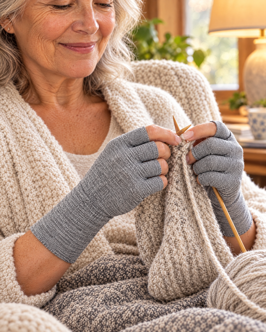 Woman knitting with fingertips free in open-finger compression gloves