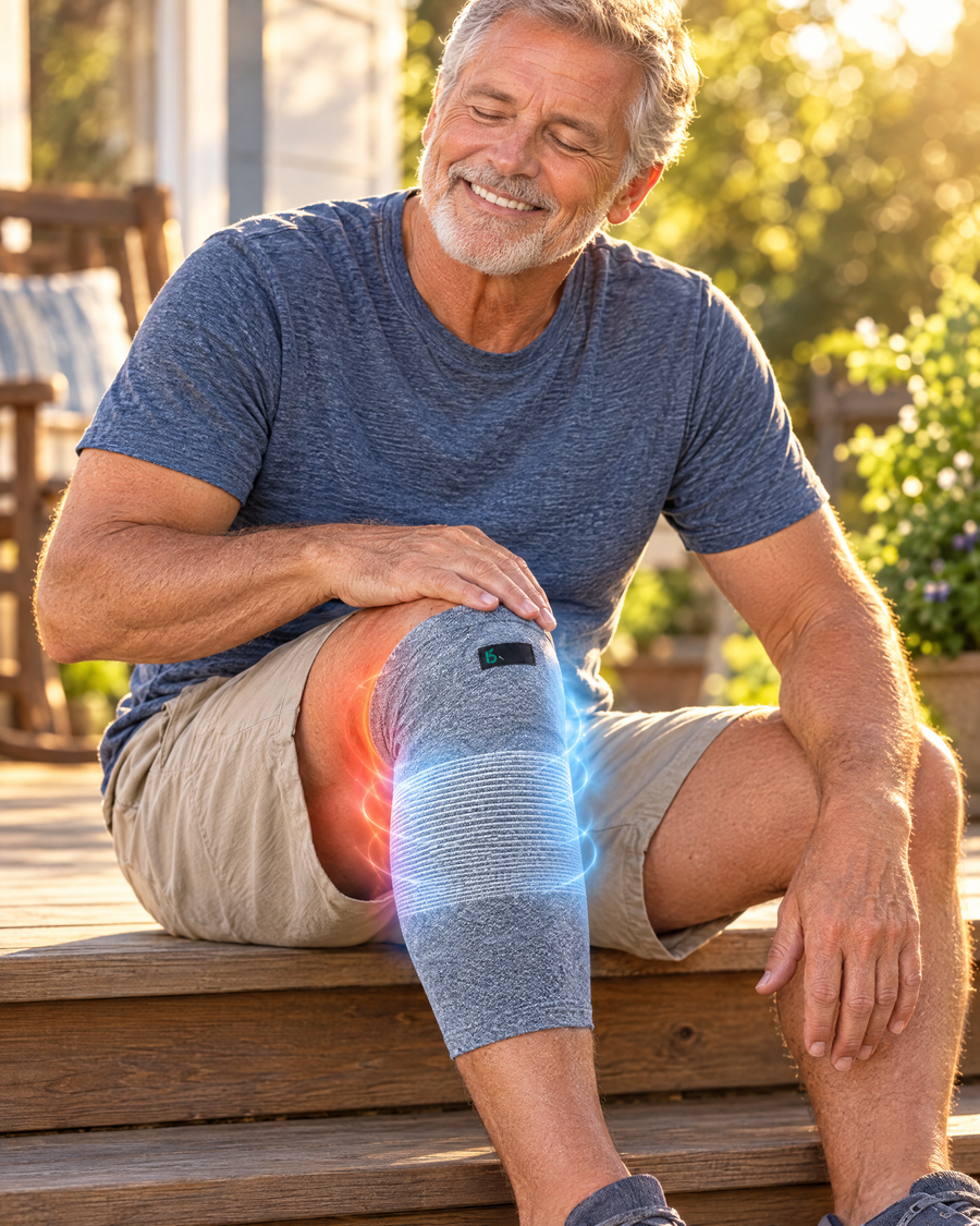 Man smiling as knee pain eases in a bamboo knee sleeve