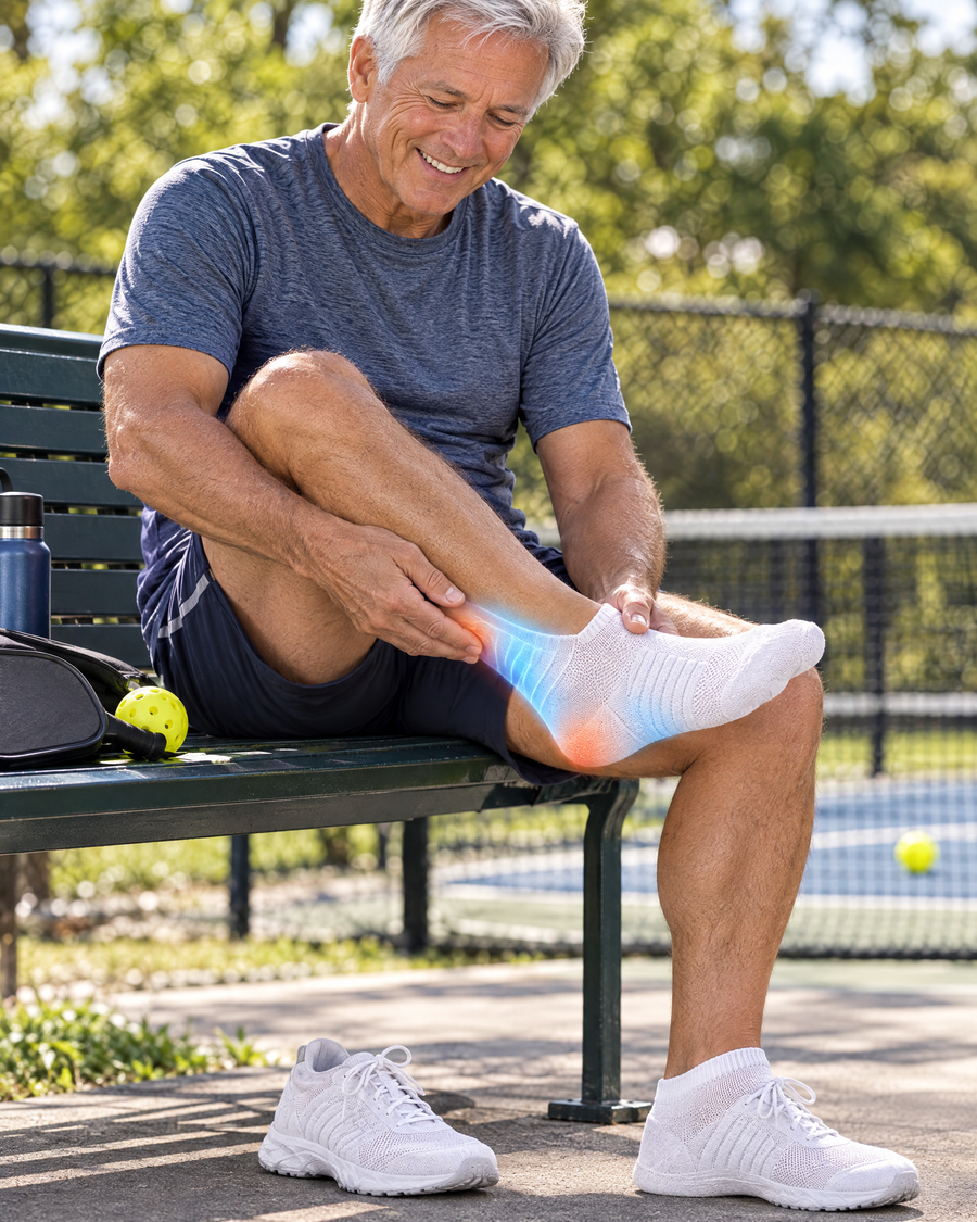 Man easing arch pain in low-cut cushioned compression socks after pickleball