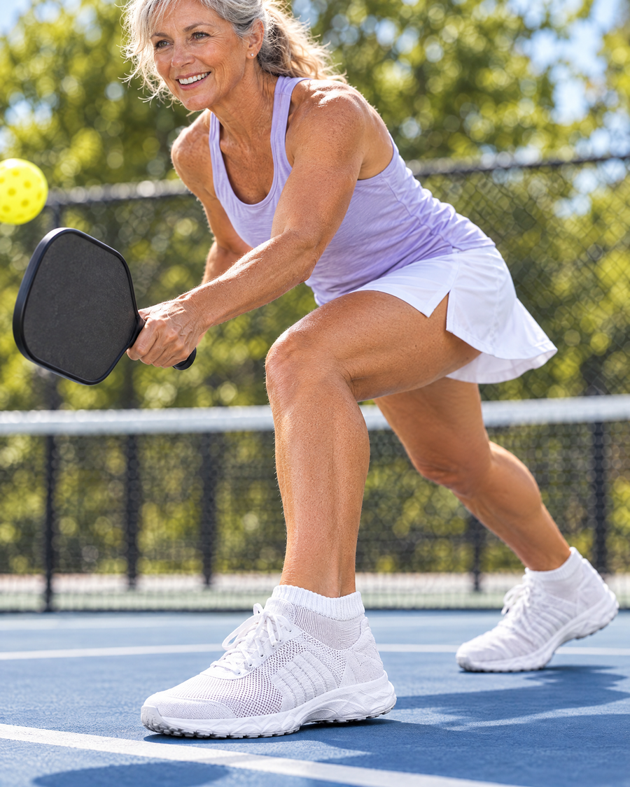 Cushioned low-cut compression socks on a pickleball court
