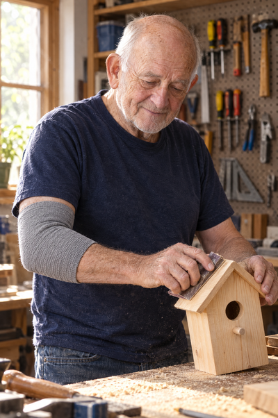 Woodworking in the garage with a bamboo elbow sleeve