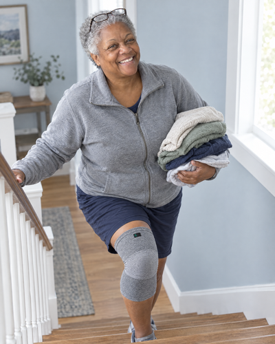 Woman carrying laundry up the stairs wearing the knee sleeve