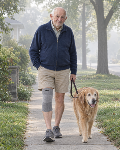 Man walking his dog wearing the FLEX+ Bamboo Knee Sleeve
