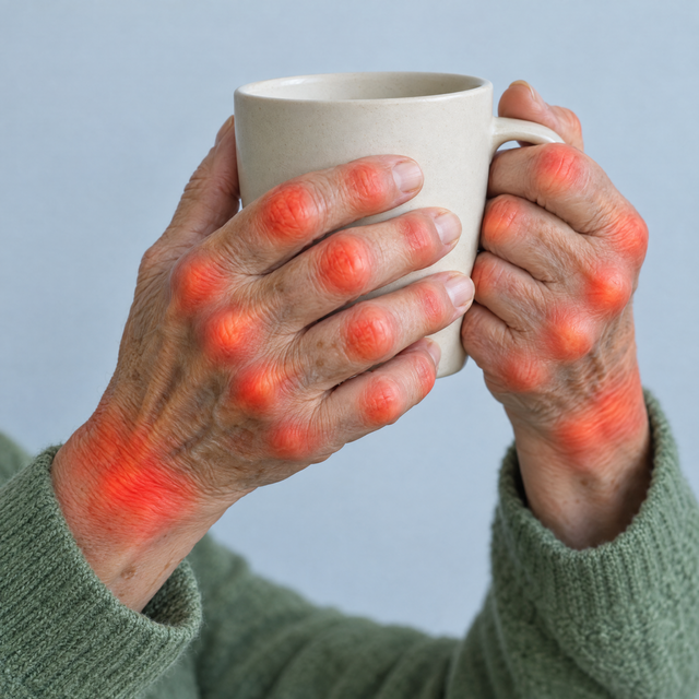 Hands with sore knuckles and wrist highlighted in red